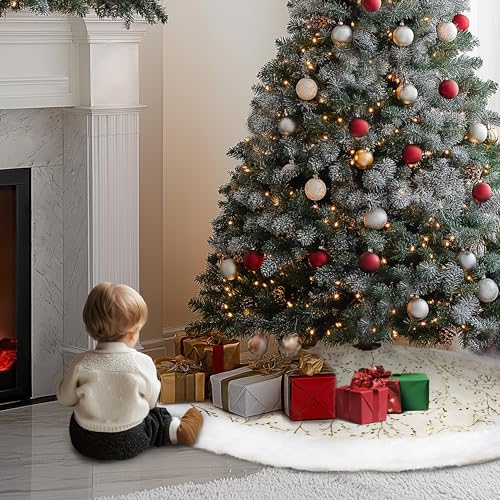 SYITCUN Christmas Tree Skirt, 48 Inch White and Gold Faux Fur F99847