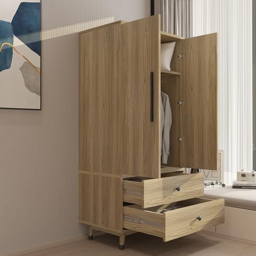 4 Door Armoire Wardrobe with 2 Drawers, Adjustable Shelves and Hanging Rod, Oak U53261