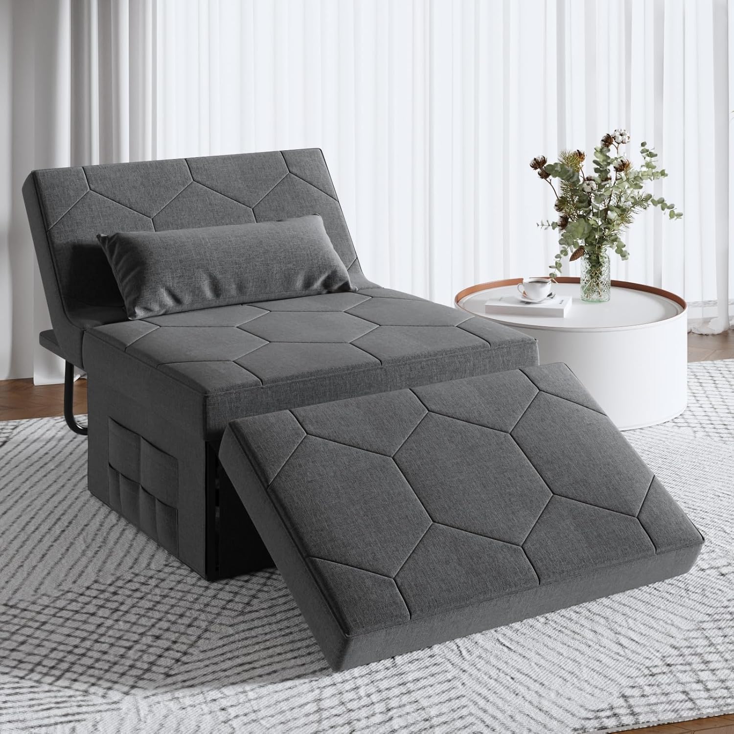 4 in 1 Sleeper Chair Convertible Sofa Bed with Ottoman, Dark Grey W57436
