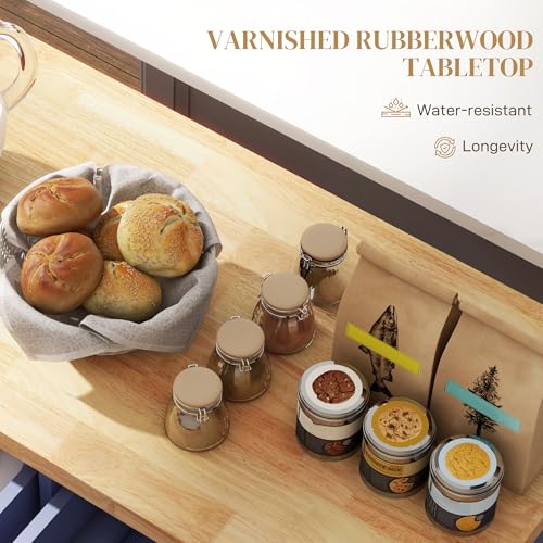 HOMCOM Kitchen Island on Wheels with Rubberwood Top, Navy Blue X7812