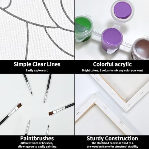 VOCHIC Paint and Sip Kit, Pre Drawn Canvas Painting Set for Adults Kids, 8 Acrylic Colors, 3 Brushes, 1 Palette (12x16) V41124