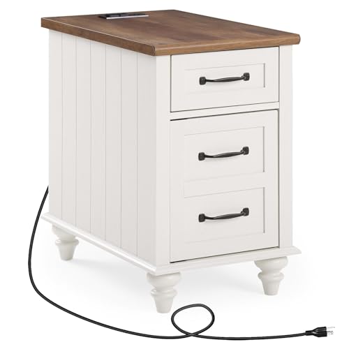 WAMPAT 2 Pack End Table with Charging Station and Storage, White/Oak E6157