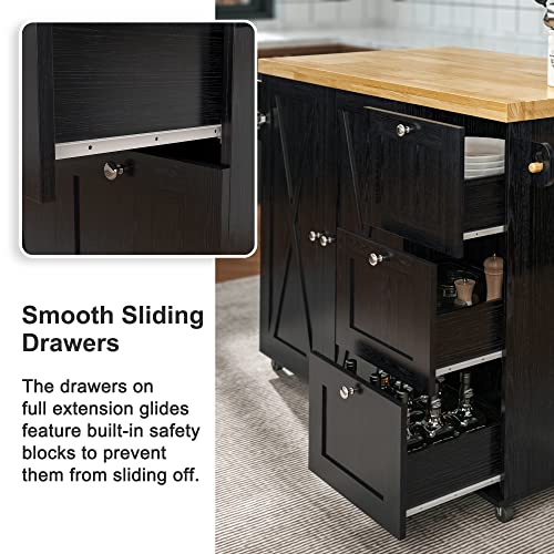 IRONCK Rolling Kitchen Island Cart with Drop-Leaf Countertop, Barn Door Style, Black G666768