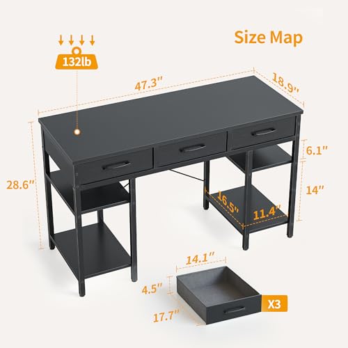 CubiCubi 47 Inch Computer Desk with 3 Drawers, Black D89125