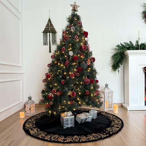 Burgundy Victorian Velvet Christmas Tree Skirt with Gold Damask Embroidery Q6345