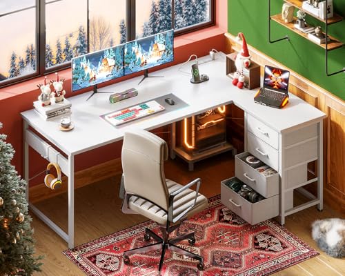 AODK L Shaped Gaming Desk with 4 Drawers, Power Outlets, Black P81263