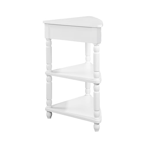 Knocbel Corner Table for Small Spaces, Triangle Side Table with Drawer and Shelves, Milk White L906
