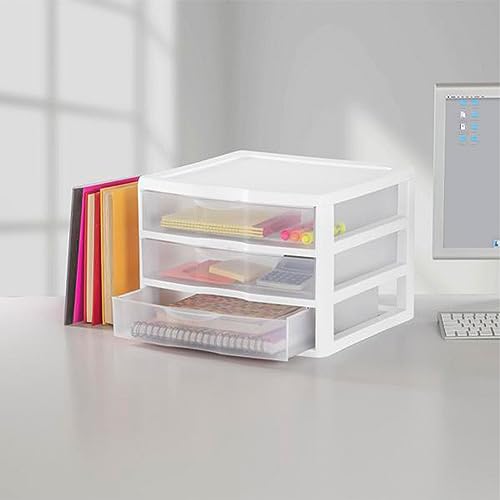 Sterilite 3-Pack Wide 3 Drawer Unit, Plastic Desktop Organizer, White Frame X750