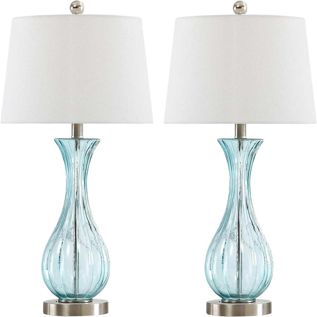 Maxax Coastal Glass Table Lamps Set of 2, Blue Bedside Lamps with White Shade H247715