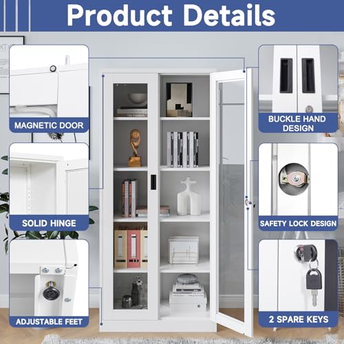 Metal Storage Cabinet with Doors and Shelves, 71" Locking Steel, White L799