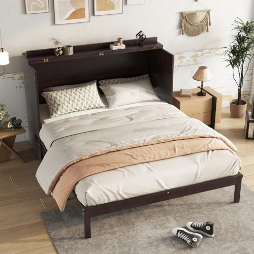 KEIKI Queen Murphy Bed Cabinet with Charging Station & Rattan Design S457376