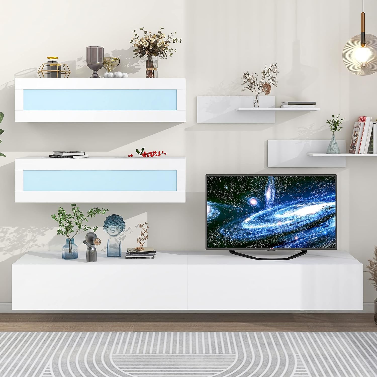 Wall Mount Floating Entertainment Center with 4 Storage Cabinets and 2 Shelves, Modern High Gloss TV Stand for Televisions up to 95+ Inch, Gaming Media Console w/LED Lights for Living Room