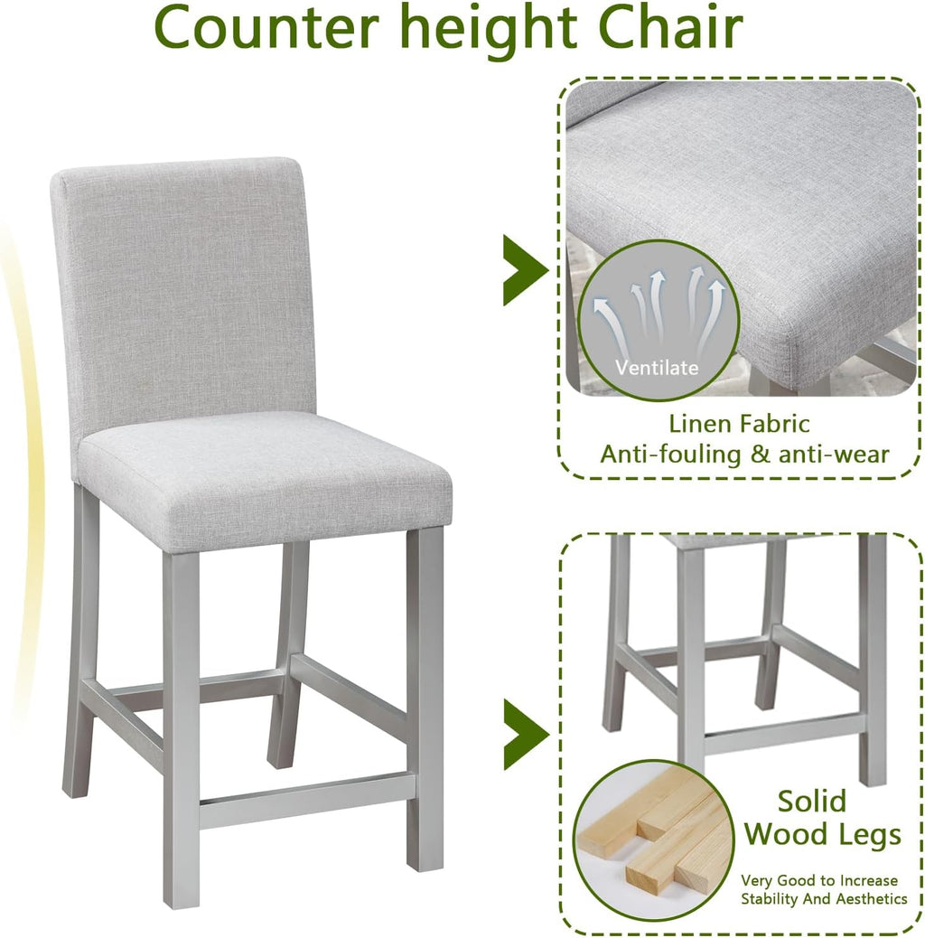 Acacia Wood Counter Height Dining Table Set with 4 Upholstered Chairs, Grey H9064
