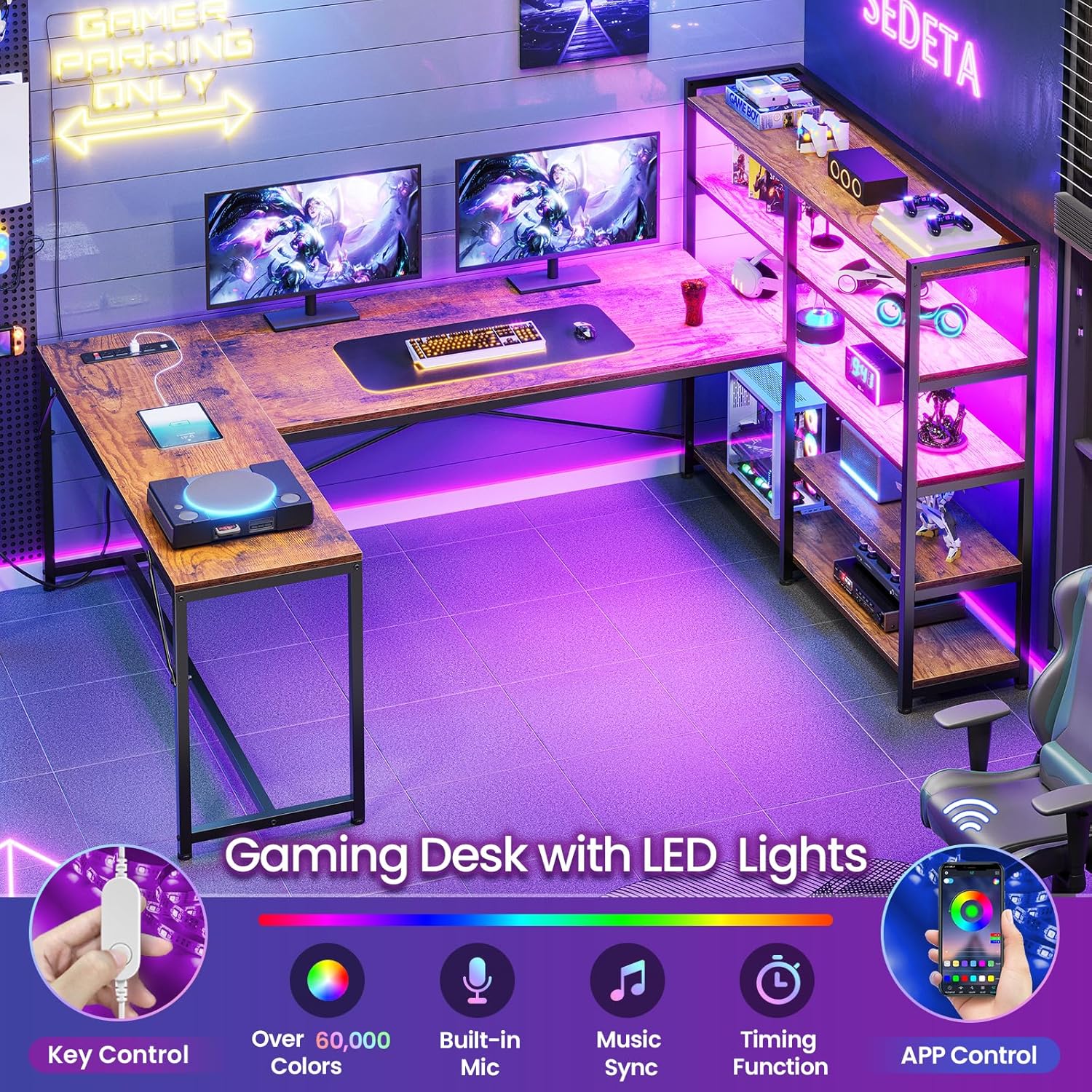 SEDETA L Shaped Computer Desk with Storage Shelves, Power Outlet & LED Light, Rustic Brown D399