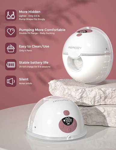 Momcozy M5 Hands-Free Wearable Breast Pump, Double-Sealed Flange, 3 Modes & 9 Suction Levels, 24mm, 2-Pack Quill Gray Z371714