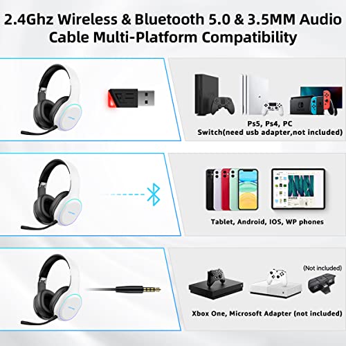 Wireless Gaming Headset for PS5, PS4, PC, Detachable Mic, White P2942