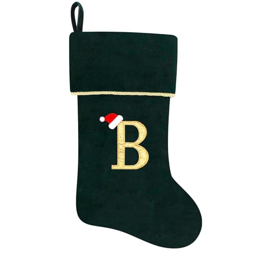 20 Inches Initial Monogram Blue Velvet Christmas Stocking with Gold Trim U394