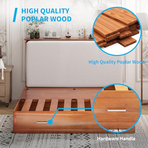Mjkone Queen Murphy Bed with Tri-Fold Mattress, Charging Station and Storage Drawers, Cherry O58055