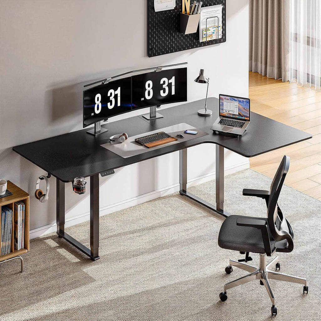 Standing Desk, 63x43 Inches L Shaped Desk with 4 Legs, Dual Motor and Memory Controller, Electric Stand Up Desk Adjustable Height from 28-46 Inches for Computer Workstation Black