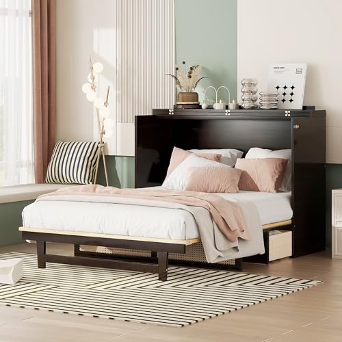 KEIKI Queen Size Murphy Bed with Charging Station and Drawer, Walnut B45816