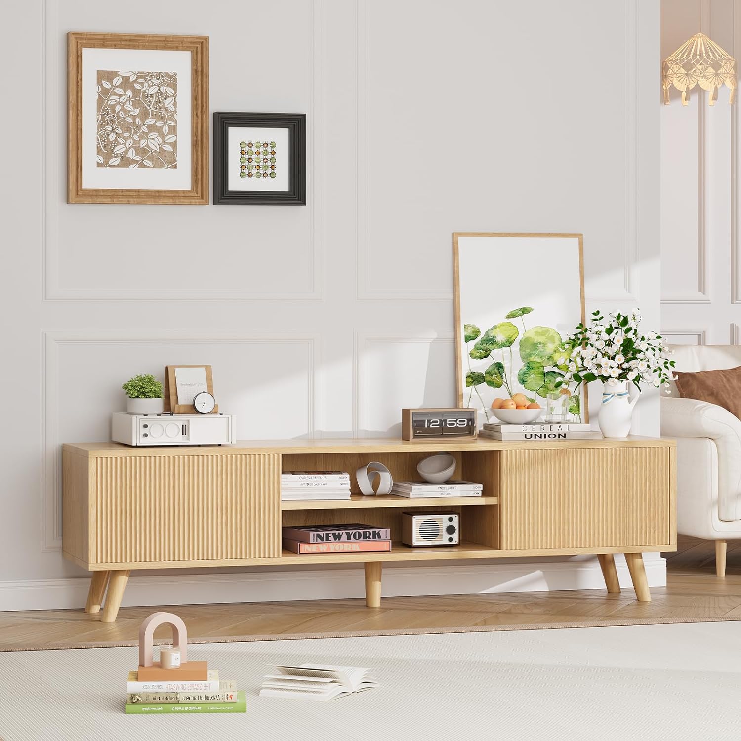 Boho Wood TV Stand for TVs Up to 75 Inches with Sliding Doors E438001