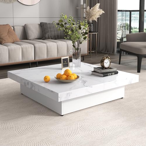 Square Coffee Table 39.4" Marble Veneer Sliding Top with Storage Z7756