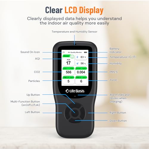 LifeBasis 11-in-1 Indoor Air Quality Monitor with Stand, Real-Time AQI, PM2.5, CO2, Temperature and Humidity Z448408