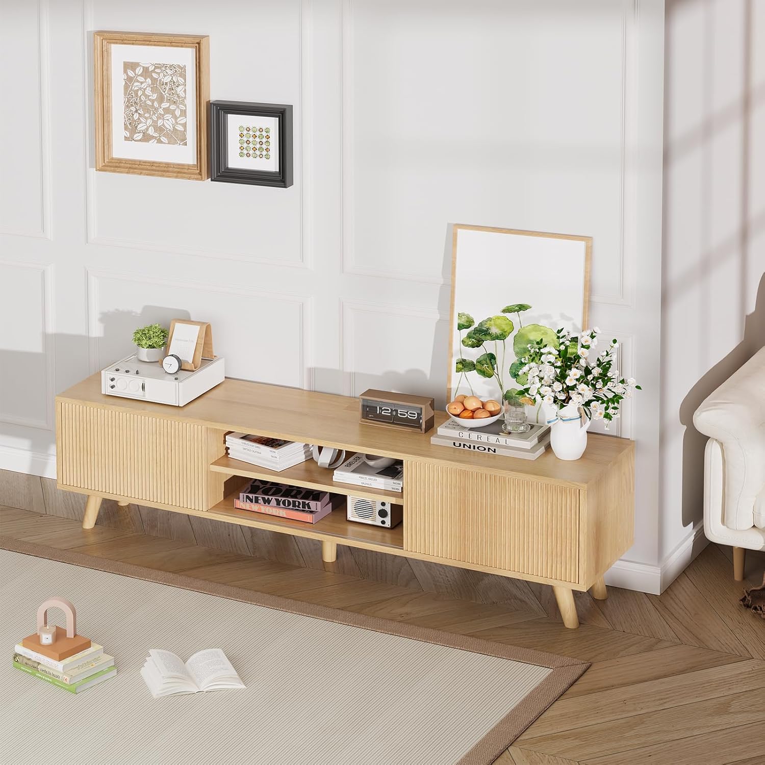 Boho Wood TV Stand for TVs Up to 75 Inches with Sliding Doors E438001