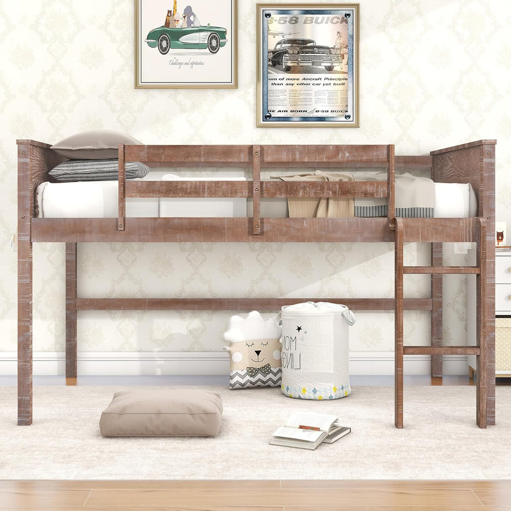 Harper & Bright Designs Twin Size Low Loft Bed for Kids with Storage and Hanging Rack G659488