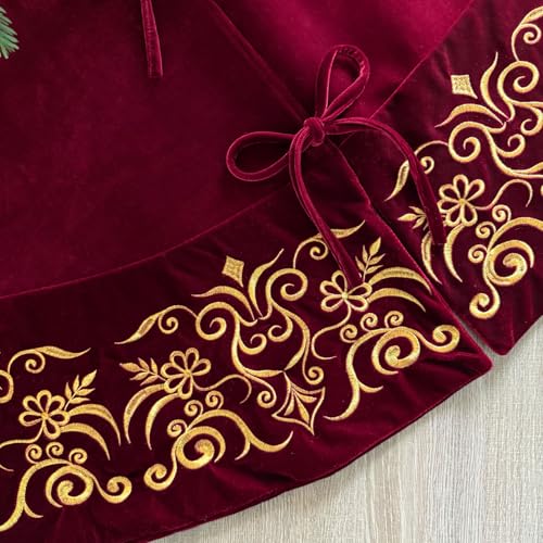 Burgundy Victorian Velvet Christmas Tree Skirt with Gold Damask Embroidery Q6345