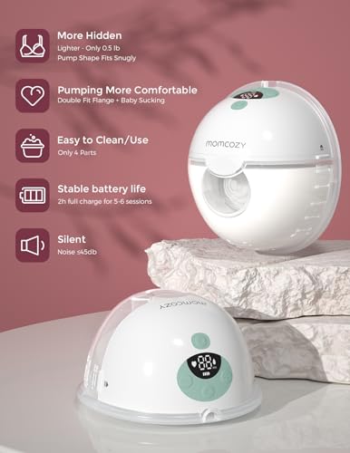 Momcozy M5 Hands-Free Wearable Breast Pump, Double-Sealed Flange, 3 Modes & 9 Suction Levels, 24mm, 2-Pack Quill Gray Z371714