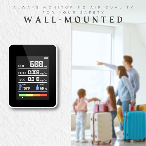 CO2 Detector Air Quality Monitor Indoor, 5-in-1 Formaldehyde/TVOC/Temperature/Humidity, Portable, Black E38424