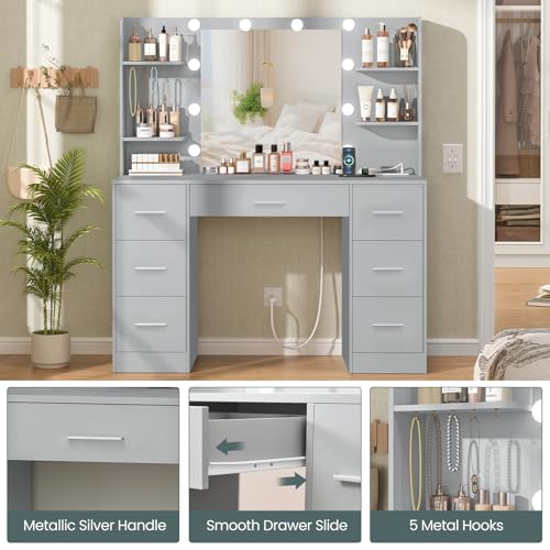 Quimoo Large Vanity Desk with LED Mirror & Power Outlet, White L335