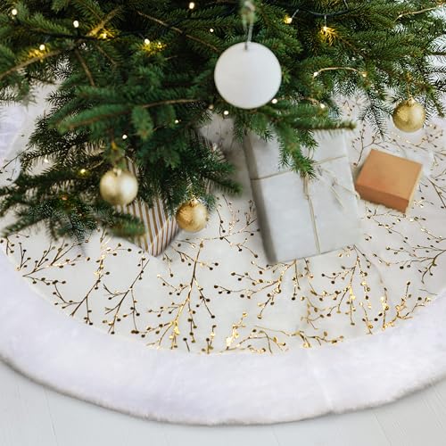 SYITCUN Christmas Tree Skirt, 48 Inch White and Gold Faux Fur F99847