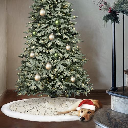SYITCUN Christmas Tree Skirt, 48 Inch White and Gold Faux Fur F99847