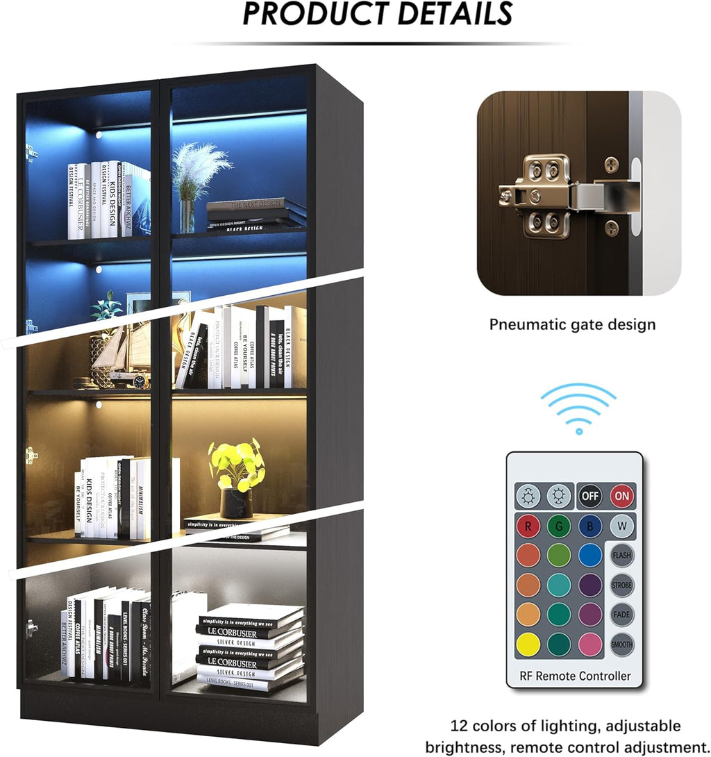Black Display Cabinet with Glass Doors and Lights, 4-Tier C4875