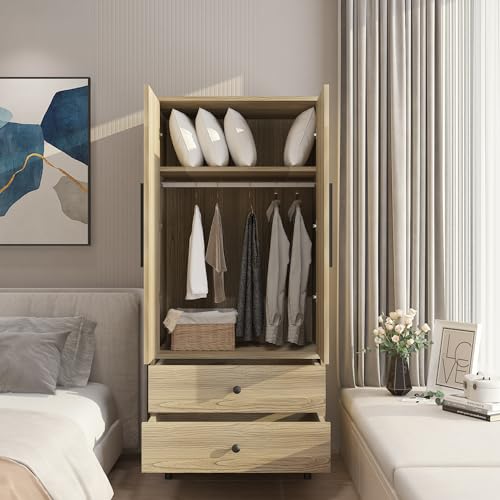 4 Door Armoire Wardrobe with 2 Drawers, Adjustable Shelves and Hanging Rod, Oak U53261