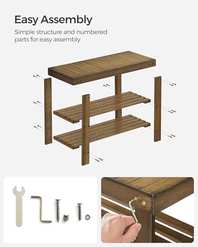 SONGMICS 3-Tier Bamboo Shoe Rack Bench, Entryway Storage, Ink Black X802