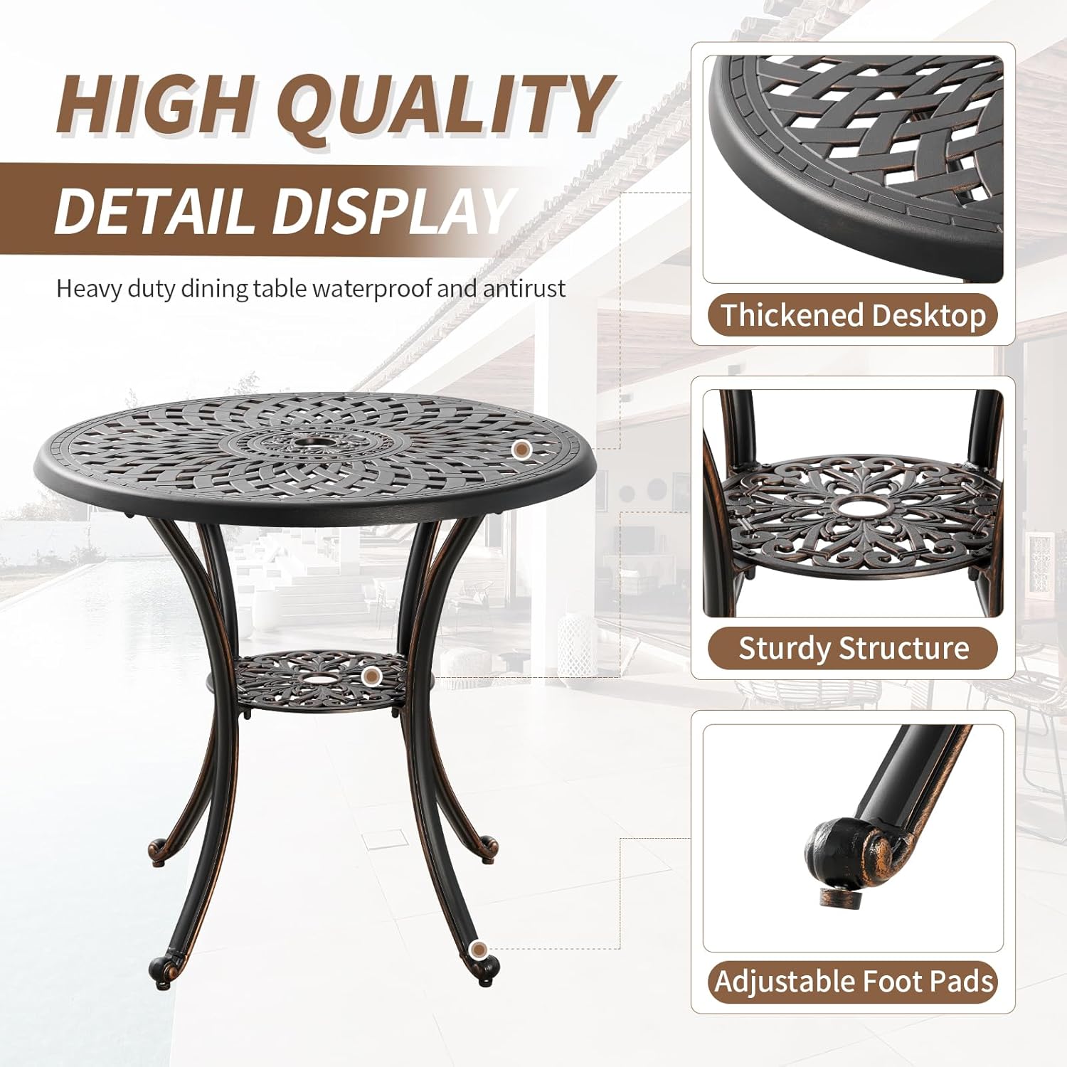 Outdoor Round Patio Dining Table with Umbrella Hole, Metal Black I91259