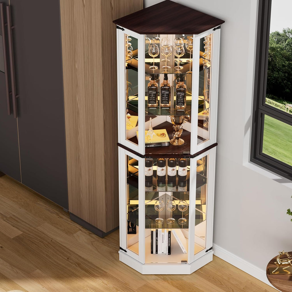 PAKASEPT 71'' Farmhouse Curio Cabinet with LED Lights, Tempered Glass Doors, White A458
