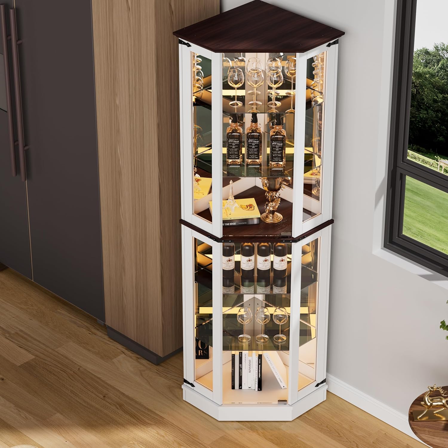 PAKASEPT 71'' Farmhouse Curio Cabinet with LED Lights, Tempered Glass Doors, White A458