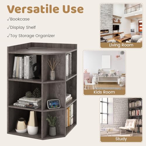 9 Cube Corner Cabinet, 3-Tier Wooden Bookshelf with Charging Station, White E10683