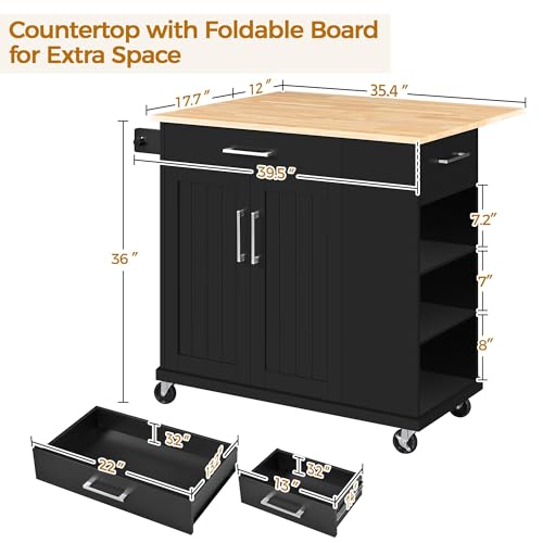 Yaheetech Rolling Kitchen Island Cart with Drop Leaf, Rubberwood Breakfast Bar with Storage V538