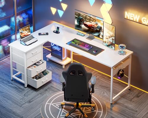 AODK L Shaped Gaming Desk with 4 Drawers, Power Outlets, Black P81263