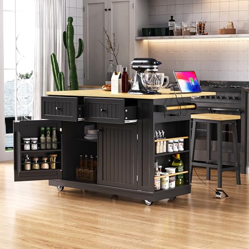 Ball & Cast 48" Large Kitchen Island with Power Outlet,Rolling Kitchen Cart on 5 Wheels W/Drop Leaf and 5 Open Side Racks,Kitchen Storage Cart W/Adjustable Shelf,for Kitchen,Dining Room,Black