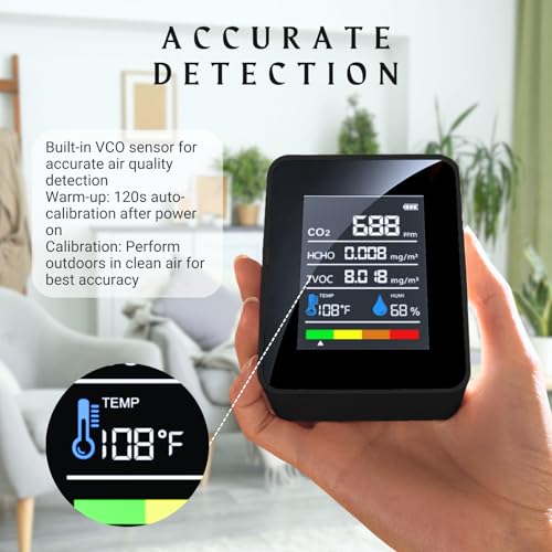CO2 Detector Air Quality Monitor Indoor, 5-in-1 Formaldehyde/TVOC/Temperature/Humidity, Portable, Black E38424