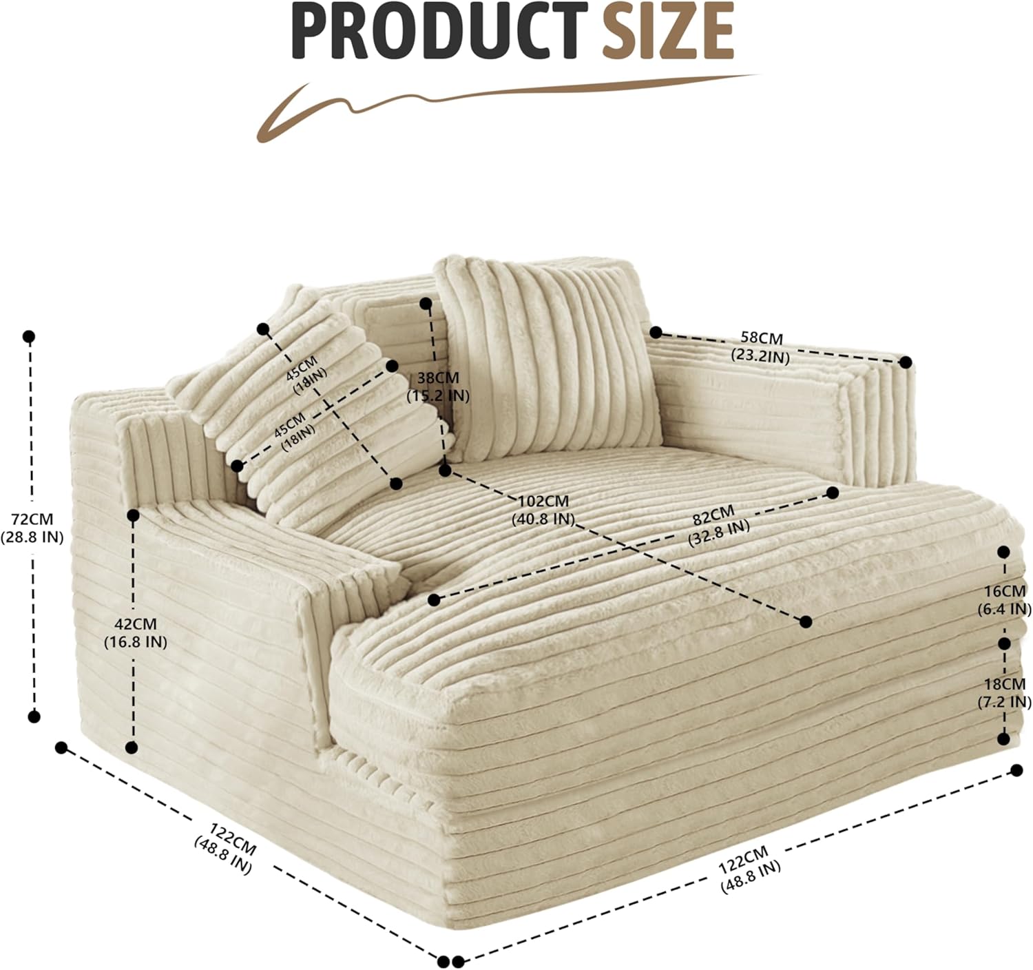 Oversized Chaise Lounge Sofa with 2 Throw Pillows S781613