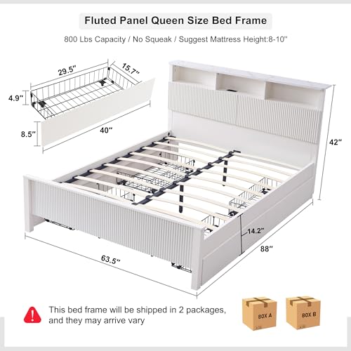 T4TREAM Fluted Panel King Bed Frame with Bookcase Headboard & Charging Station, Dark Grey N415357