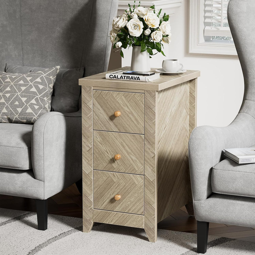 Anmytek End Table with 3 Drawers, Narrow Nightstand for Bedroom P1143