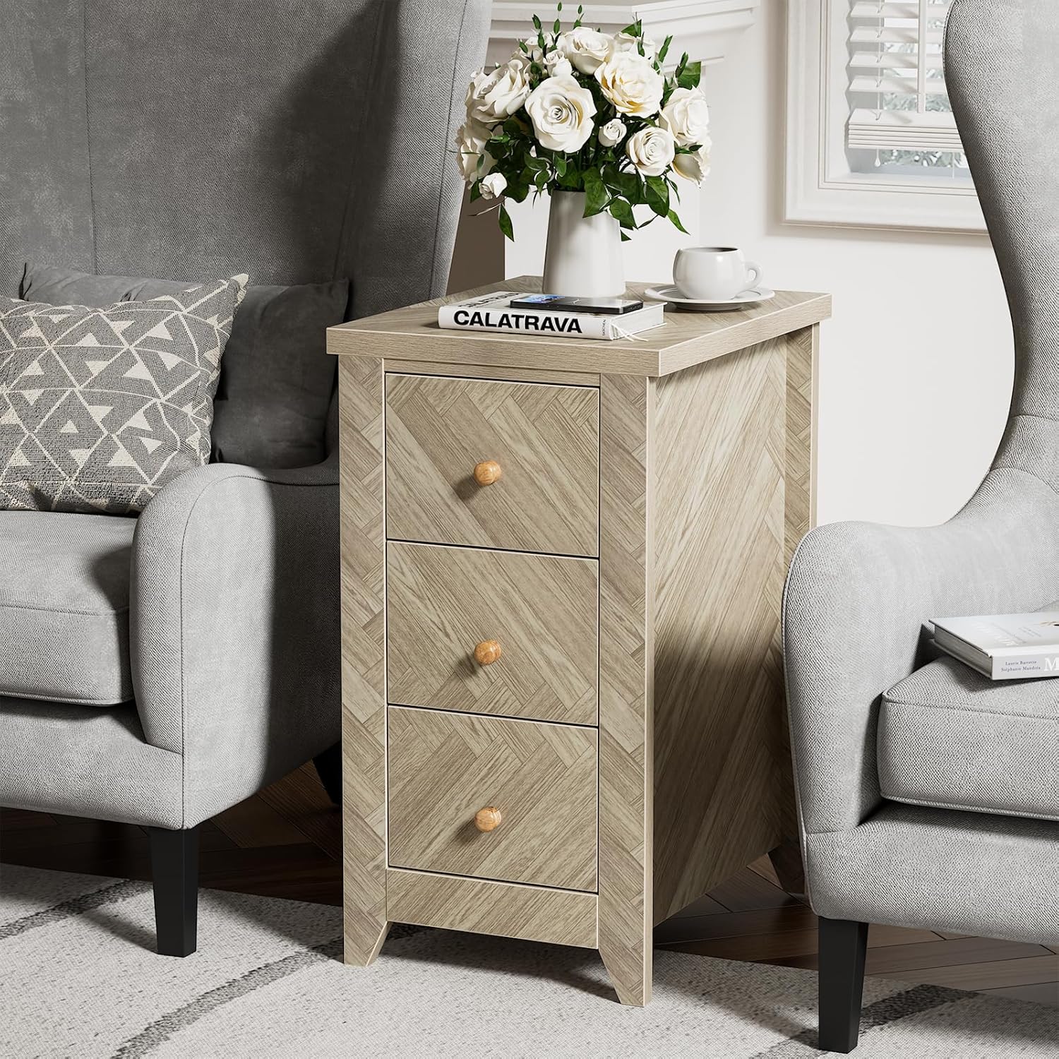 Anmytek End Table with 3 Drawers, Narrow Nightstand for Bedroom P1143